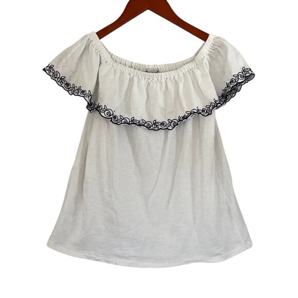 J. Crew Cotton Floral Embroidered Off the Shoulder Top/Blouse White, Black, S - Picture 1 of 11